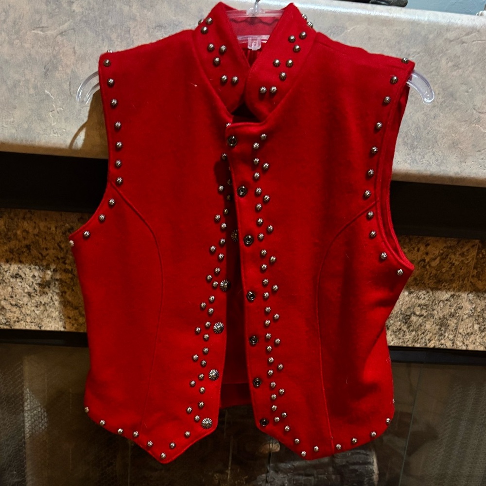 Diamond leathers studded red western wool vest